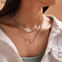 lacteo new gothic double layered thick chunky chain choker necklace jewelry for women punk hip hop double circle charm necklace