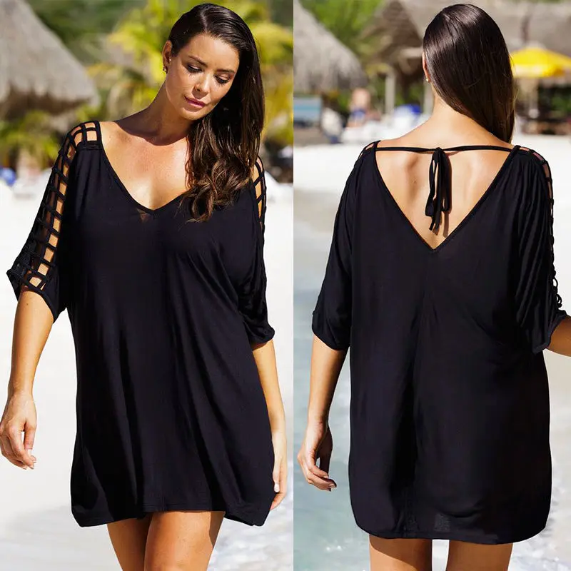 

Summer Hot Sale Fashion Women Loose Black Blouse Tops Shirt Beachwear Plus Size Casual Beach Bikini Cover Ups Swim Wear