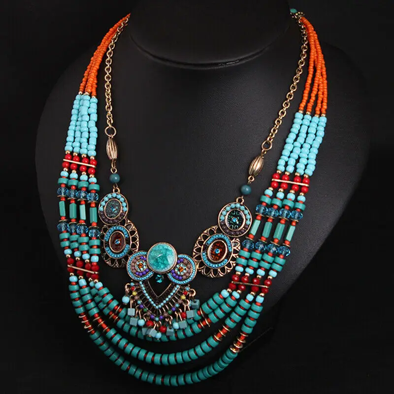 Retro Bohemia Statement Necklace Beads Layered Choker Bib Collar Pendant Necklaces Beaded Women Ethnic Boho Tribal Gypsy Jewelry
