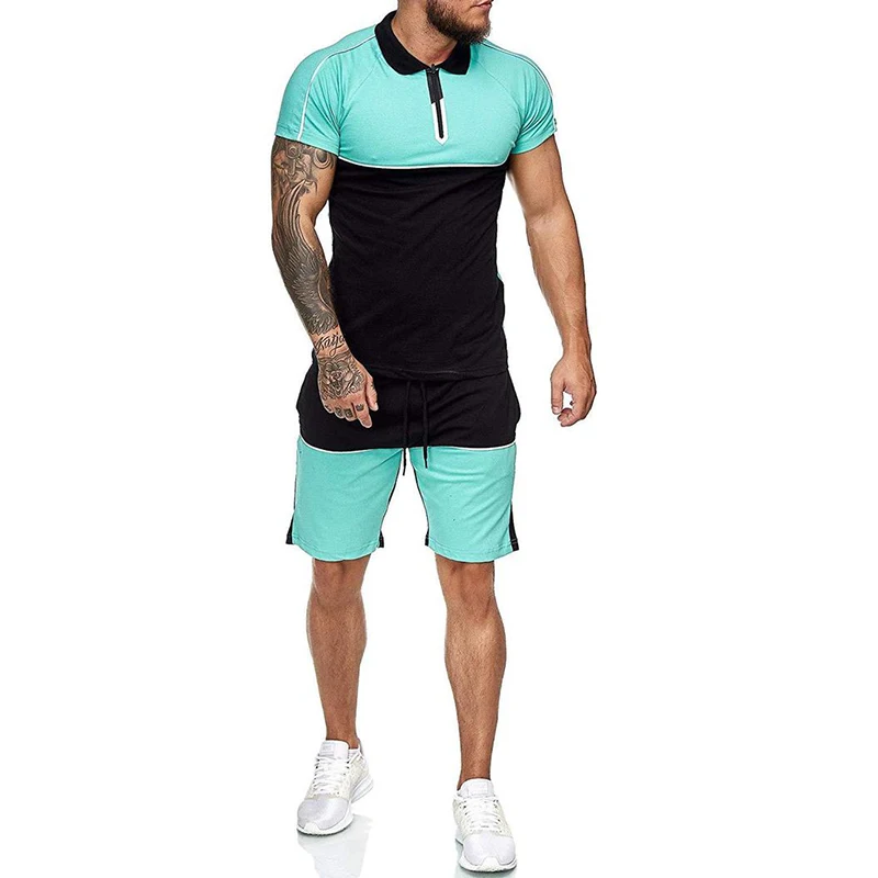 

2021 Mens Tracksuit Set Colorblock 2 Piece Sweatsuits Male Sets Summer Casual Clothes Lapel Shirt And Shorts Polo Sweat Suit