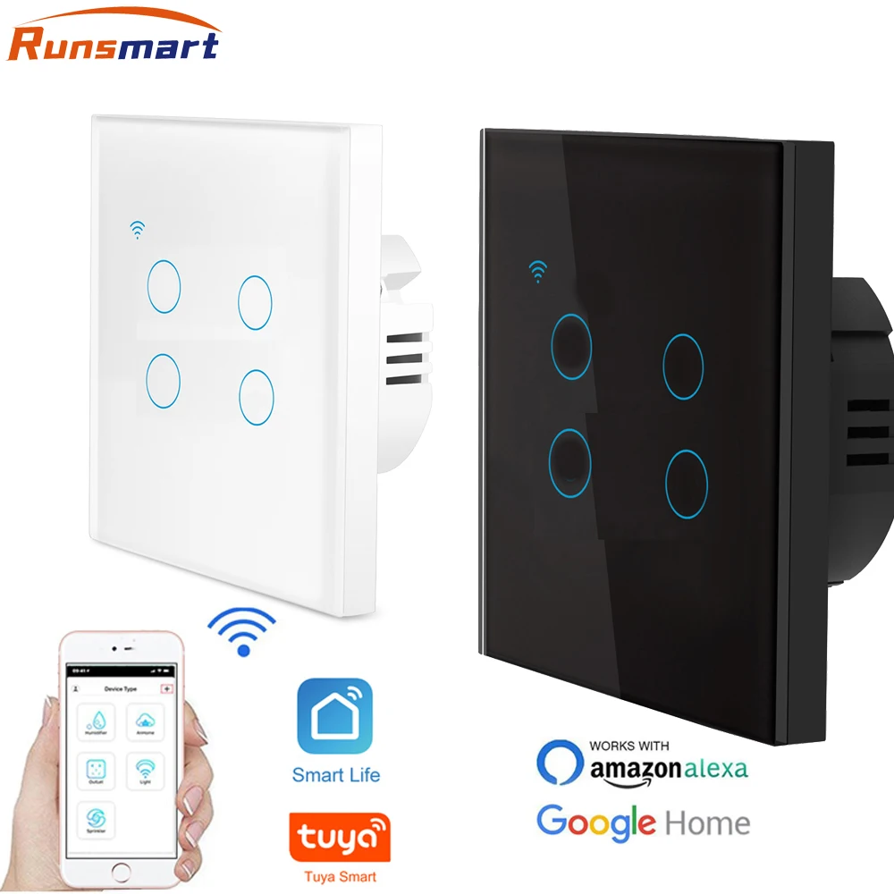 

No Neutral Wireless 4Gang Wall Light Switch Glass Screen Touch Panel Wifi Smart Switch Compatible with Alexa Google Home