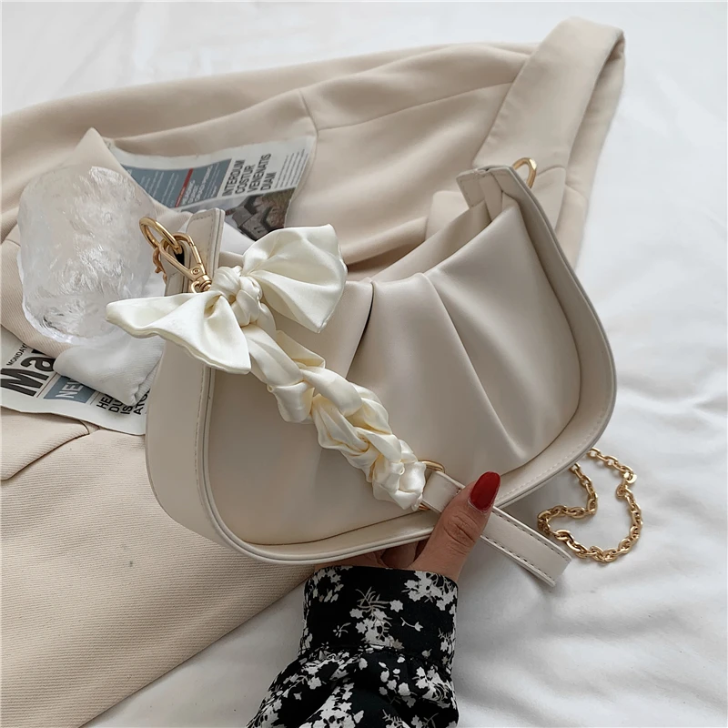 

Summer 2021 Half Moon Ruched Scarf Shoulder Bags For Women Brand Designer High Quality Soft PU Small Chain Ladies Crossbody Bags