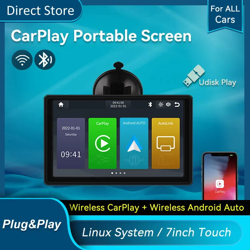 

2021 Wireless Apple CarPlay & Android Auto 7" Portable Interconnection Screen for All Cars Support Mirroring & Reverse Camera