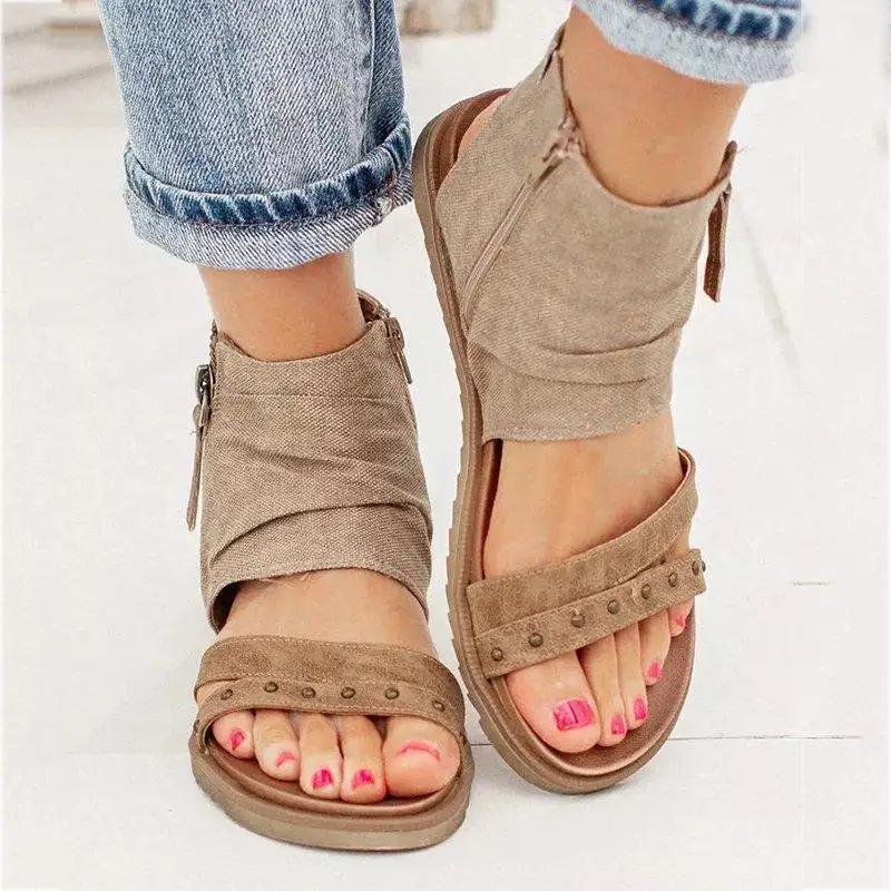 

Women's Canvas Distressed Double Zipper Rivet Decoration Flat Heel Comfortable Fashion Trend Everyday All-match Sandals 6KF049