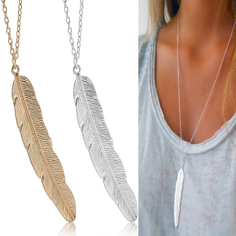 Simple Classic Pendant Feather Necklace Long Sweater Chain Choker Jewelry For Female Leaf Chocker | Украшения и аксессуары