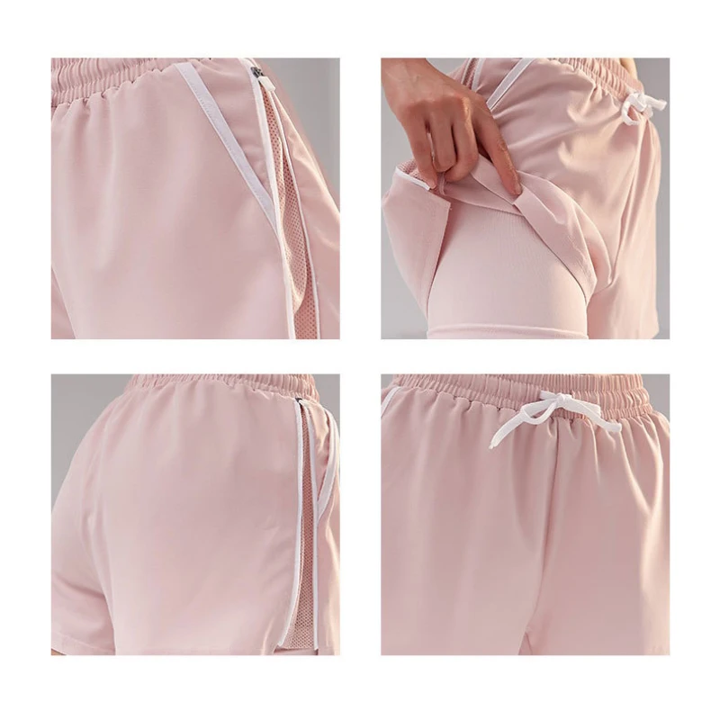 

Double layer Drawstring Sport Shorts Summer Gym Running Fitness Shorts Women Zipper High Waist Shorts Workout Cycling Shorts