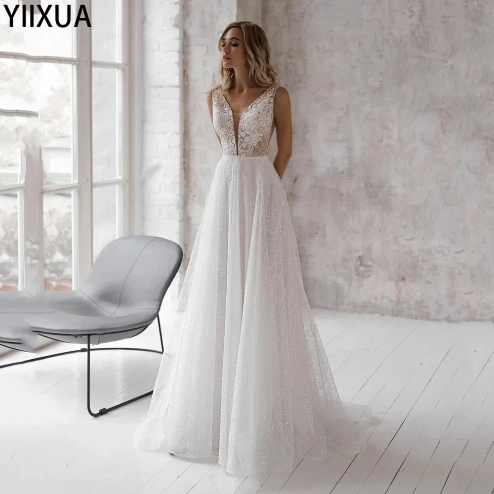 

YiXuan Tulle Glitter Elegant Long Lace A-line Weeding Dress With Pocket Deep V-neck Sleeveless Backless Beading New Fashion