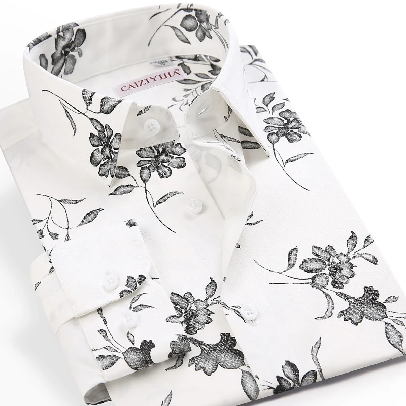 

Men's Fashion Contrast Color Floral Printed Hawaiian Shirt Pocket-less Design Long Sleeve Standard-fit Casual Beach Shirts