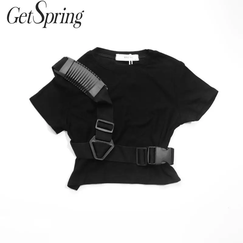 GETSPRING женская футболка лоскутный Асимметричный кроп топ черный белый хлопковый