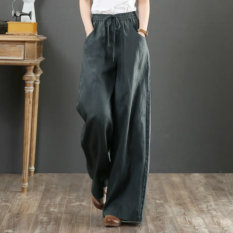 

Women's Cotton Linen Drawstring Vintage Wide Leg Pants Oversize Causal Trousers Female Clothing 2021 Summer Ladies Long Trouser
