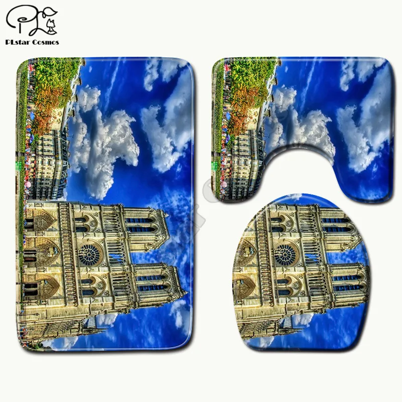 

Cartoon funny Notre Dame de Paris pattern 3D printed Bathroom Pedestal Rug Lid Toilet Cover Bath Mat Set drop shipping style-3