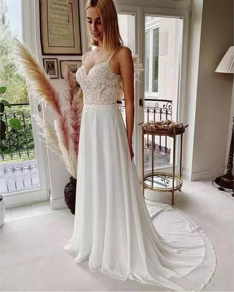 

9801#Ivory Chiffon Lace Sweetheart Spaghetti Straps Sweep Train A-Line Wedding Dresses Sleeveless Bridal Gowns