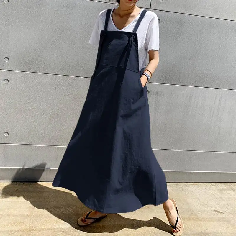 

2021 Celmia Summer Linen Long Dress Casual Apron Dress Fashion Women's Sundress Suspender Overalls Maxi Vestidos Robe Plus Size