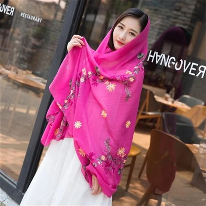 

Four Seasons Women Long Cotton Scarf And Wraps Linen Shawl Muslim Hijab Bandana Ladies Embroidered Floral Scarves 180*90cm