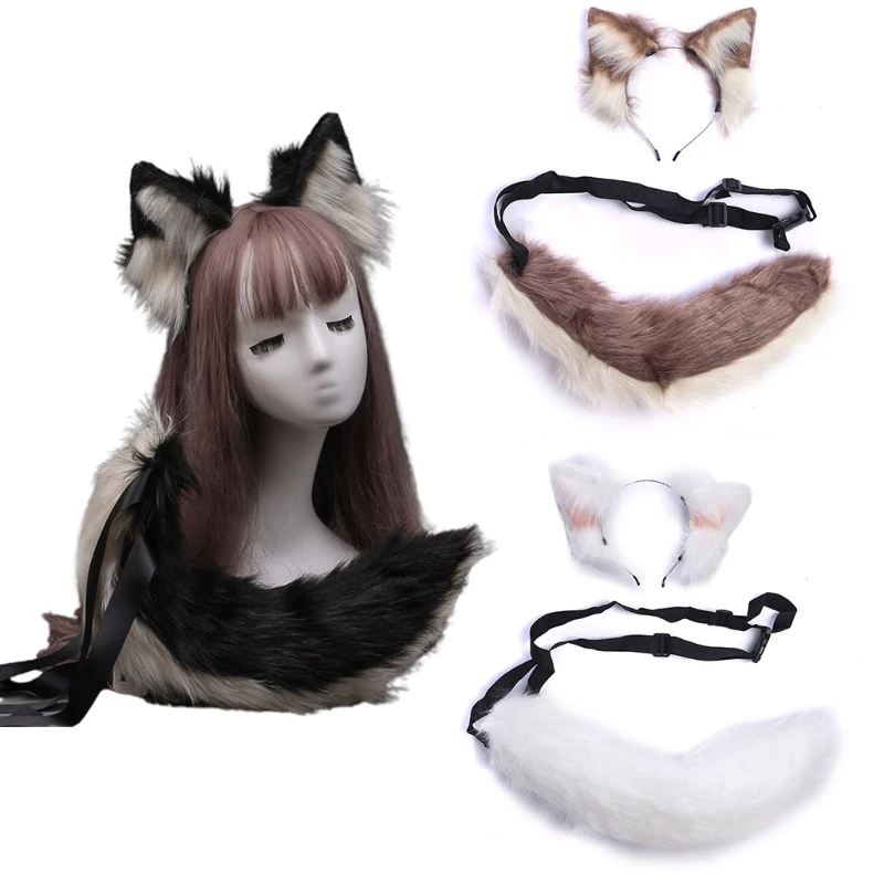 

Faux Fur Wolf Ears Headband Furry Animal Tail Cosplay Props Carnival Party Fancy Dress Halloween Costume Accessories
