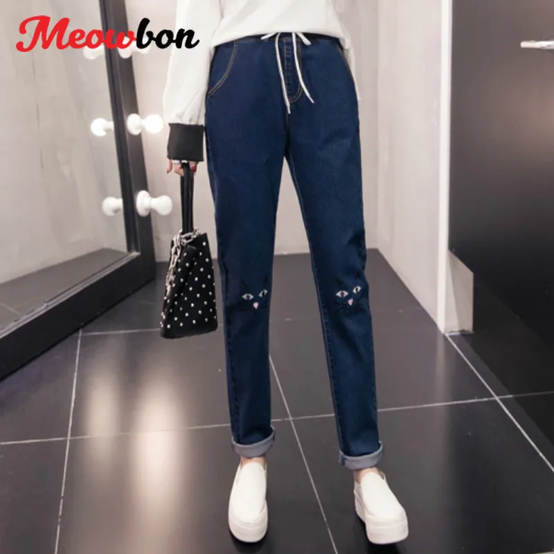 Женские зимние утепленные джинсы капри с вышивкой кошки размеры S M L XL 2XL 3XL 4XL 5XL
