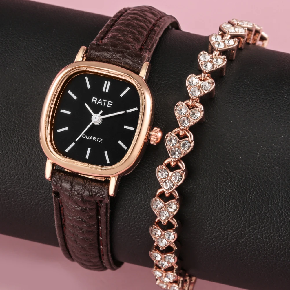 

Minimalist Square Watch Women's Quartz Leather Watch Brown Strap Lady Fine Rhinestone Bracelet Birthday Halloween Gifts for Wife