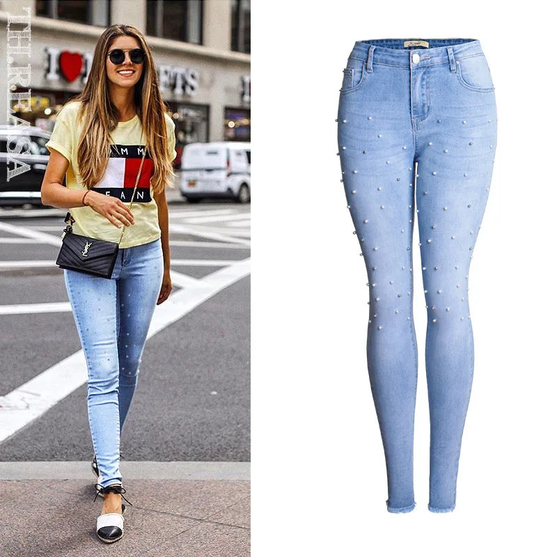 Женские узкие джинсы средней и высокой талии 2 цвета с заклепками бахромой