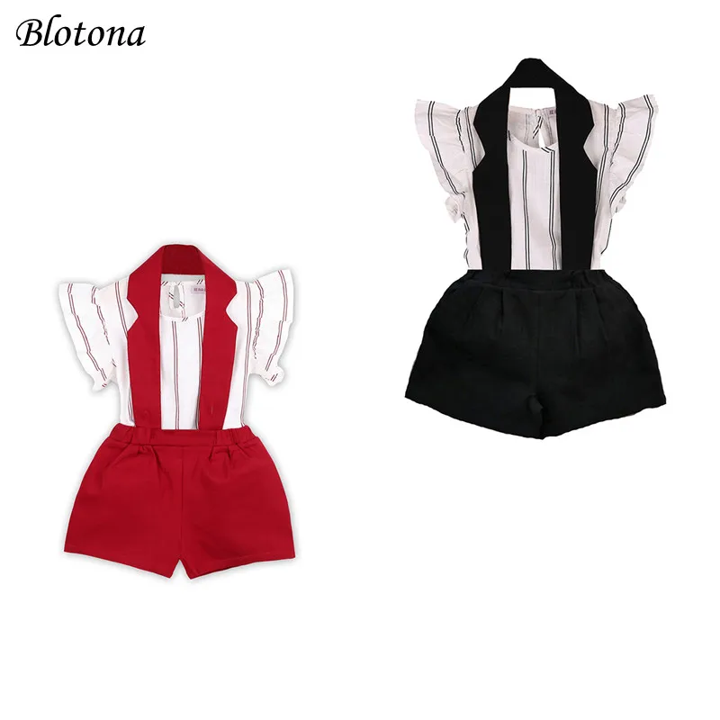 

Blotona, модная одежда для маленьких девочек, подтяжки, комплект с короткими рукавами в Вертикальную Полоску с цельными Цвет и шорты комплект и...