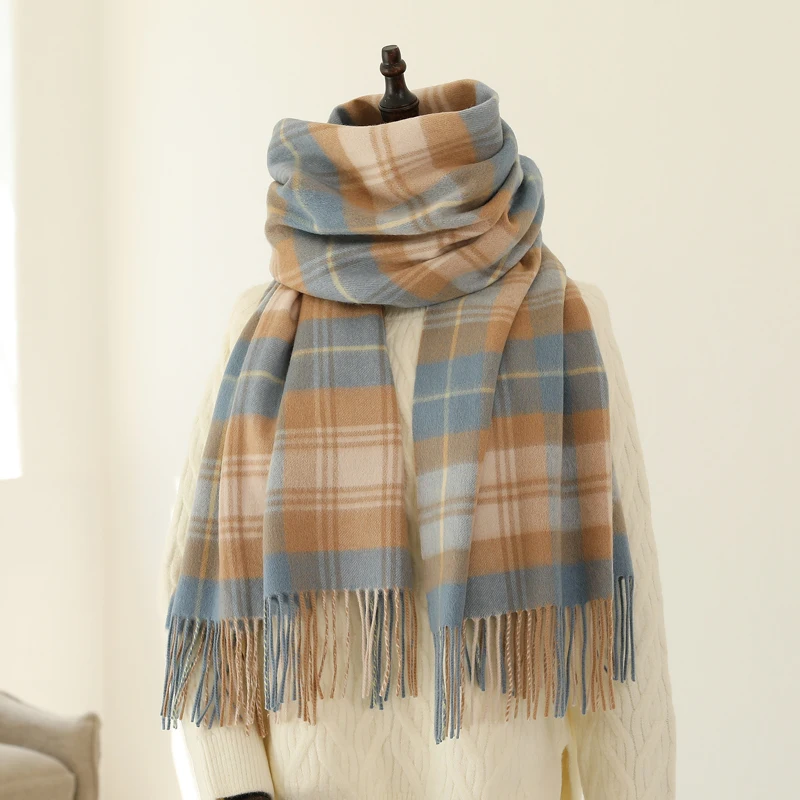 

100% double-sided wool scarf female winter pink British plaid Joker shawl dual-purpose thick warm scarf