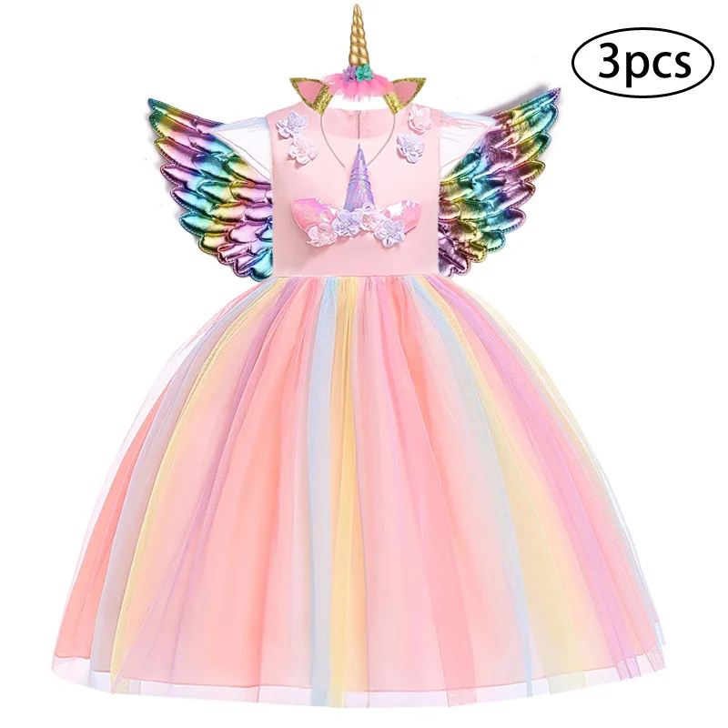 Pink7 Платье для девочек, 3 предмета, Детские платья для девочек, вечерние платья с единорогом, Рождественский костюм для малышей, детское платье принцессы для 3, 4, 5, 6, 7, 8, 9, 10 лет - Цвет: Pink7