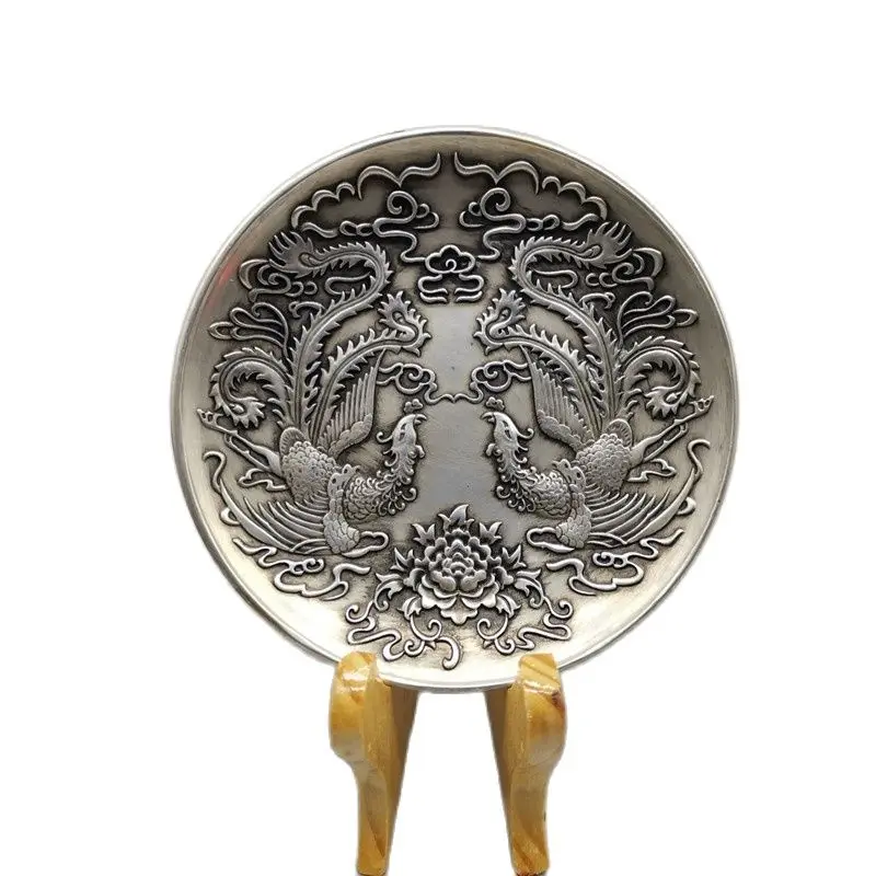 

Chinese Old Tibet Silver Carving Silver Dragon And Phoenix Plate