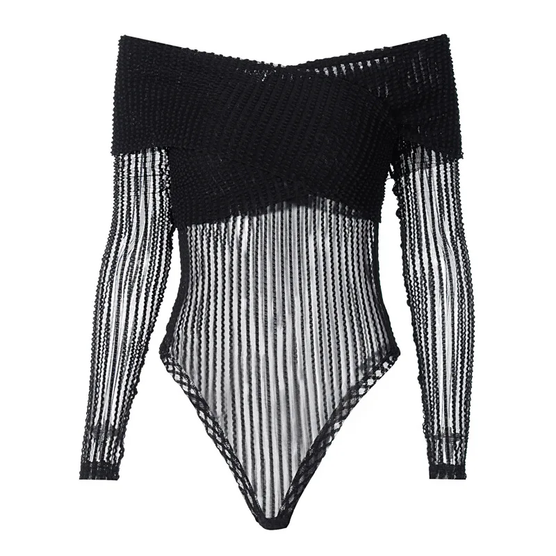 

Fashion Skinny Off Shoulder Bodysuit Long Sleeve Autumn Outfit Women Transparent Mesh Basic Wild Lady Clothes Bodysuit Black New