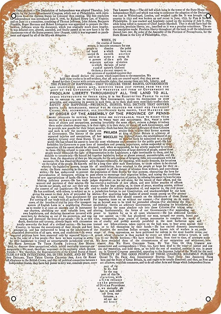 

Metal Tin Sign 1776 Declaration of Independence Shaped as Liberty Bell Pub Outdoor Bar Retro Poster Home Kitchen Restaurant Wall