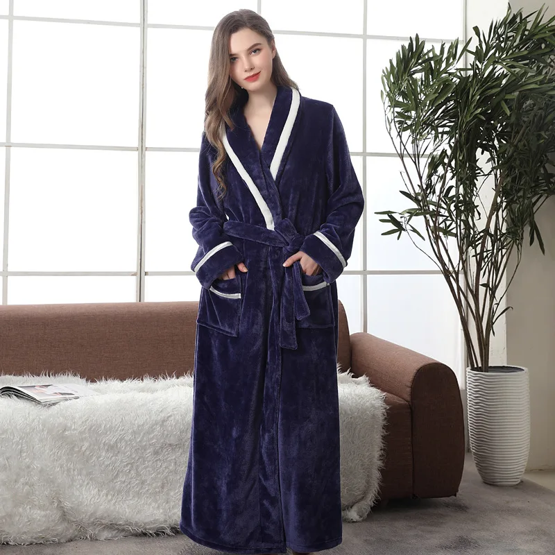 

Warm Flannel Bathrobe Pink Women Autumn Winter Turn-down Collar Patchwork Ankle-length Couple Robes Navy Blue Men Housecoat Long