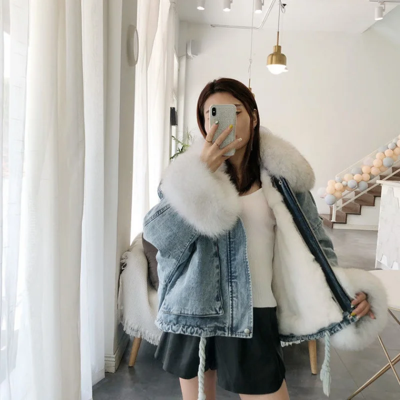 Зимняя меховая отделка капюшон хлопковая подкладка длинные джинсовые куртки