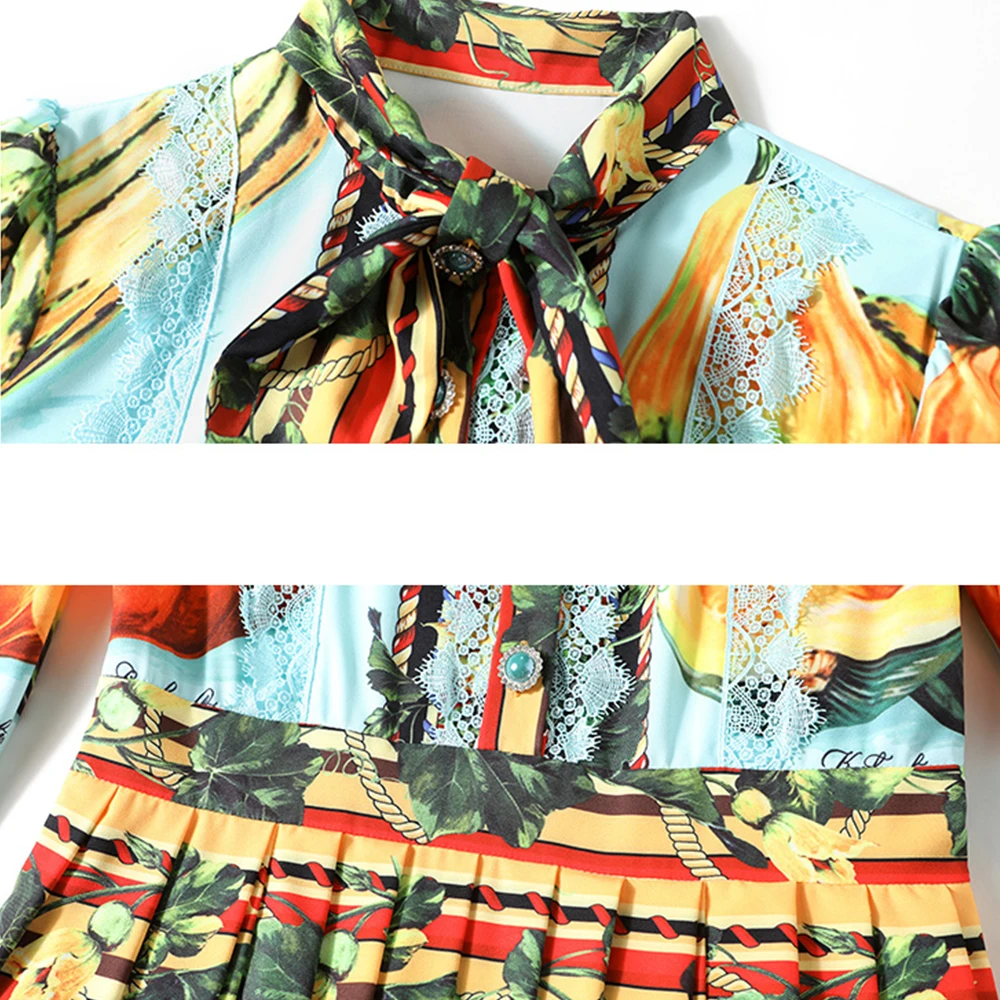 

2020 Spring Autumn Runway Fruits Vegetables Pleated Dress Women Bow Neck Long Sleeve Lace Pearl Buttons Floral Print Long Dress