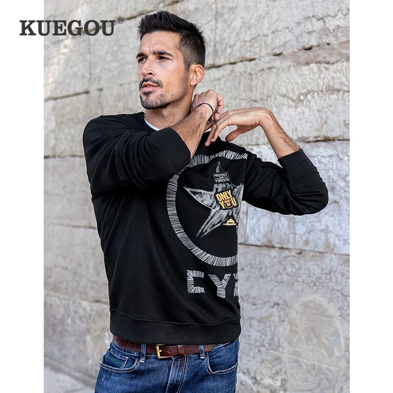 KUEGOU осень одежда из хлопка мужские толстовки с капюшоном верхняя вышивкой