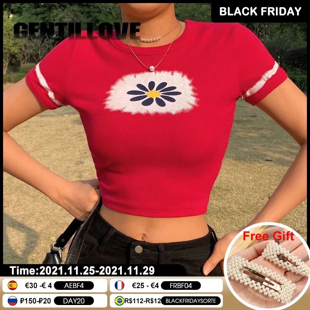 

Harajuku Print Mini Women T-shirts Aesthetics Flowers Embroidery O-neck Casual Crop Short Tops Female Slim Female Streetwear