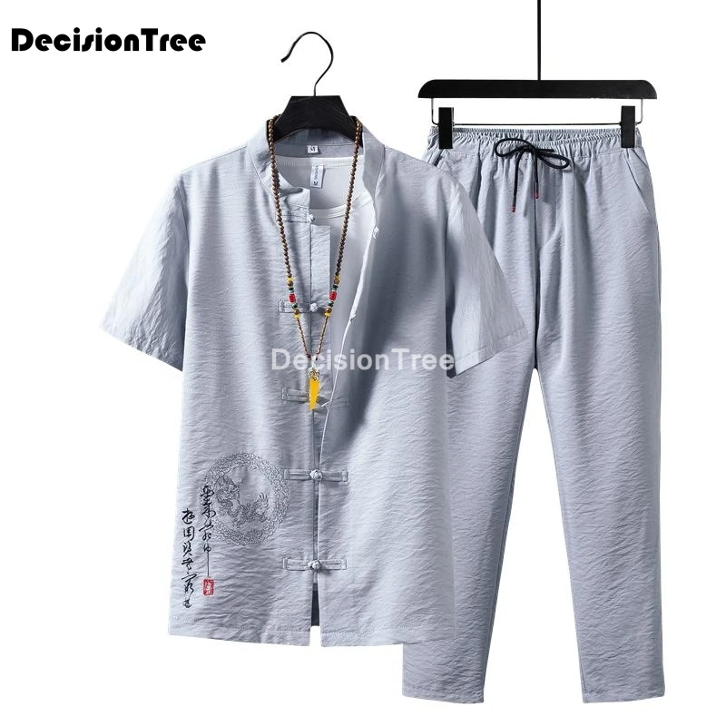 

2021 oriental traditional chinese tang suit for men short sleeve shirt+trousers set year vintage retro linen hanfu clothes