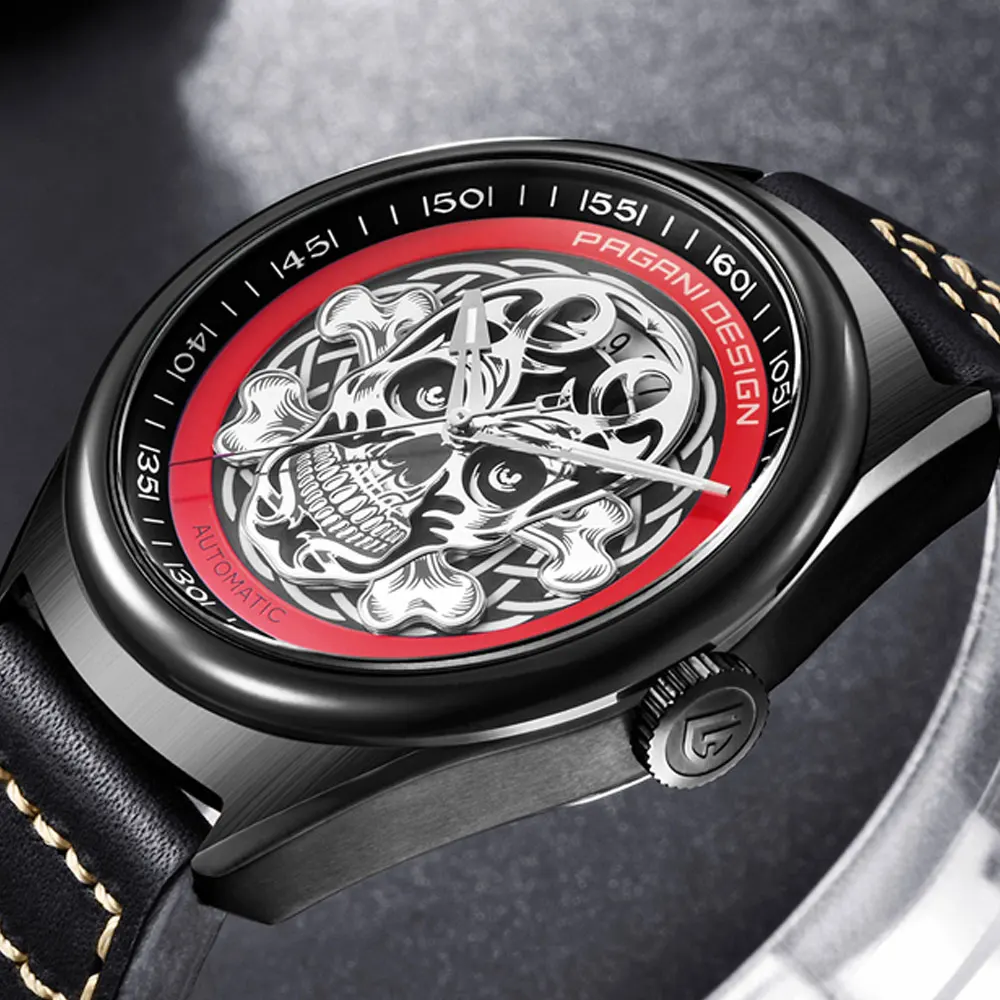 43 мм Pagani Дизайн Классический 3D череп панк стиль черный циферблат кожа мужские