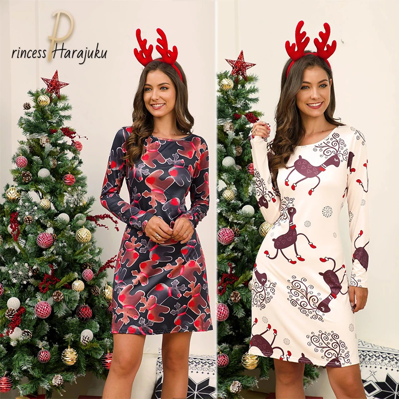 

Fall/Winter Women Christmas Dress Plus Size Casual Long Sleeve O-neck Print New Year Party Fashion Midi Cute Dress Santa Claus