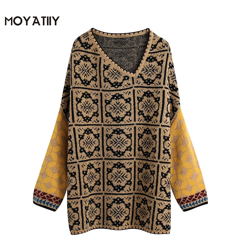 

MOYATIIY Women 2022 Fashion Oversized Knit Sweater Retro Totem Pattern Patchwork Pullover Sweaters Long Sleeve Female Tops