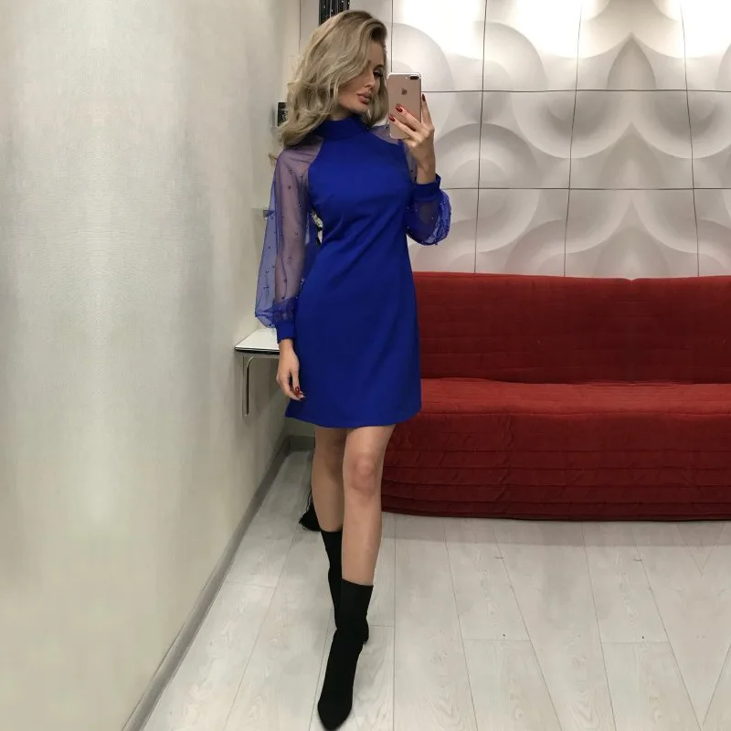 

Women's Sexy Gauze Pearl Patchwork Long Sleeve Slim Sheath Dresses Night Club Party Bodycon Dress Mujer Vestido