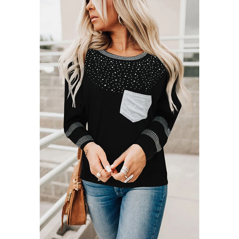 

2021 Harajuku Black Crew Neck Rhinestone Pocket Long Sleeve Top Plus Size Mujer Camisetas Woman Tshirts Roupas Femininas 2XL