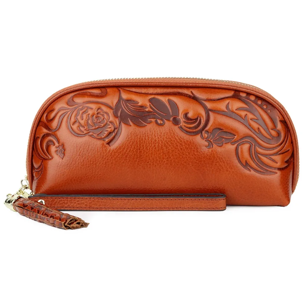 

Top Quality Genuine Leather Women Short Card Holder Wallets Fashion Purple Color Floral Embossed ID Card Holders Mini Coin Bags