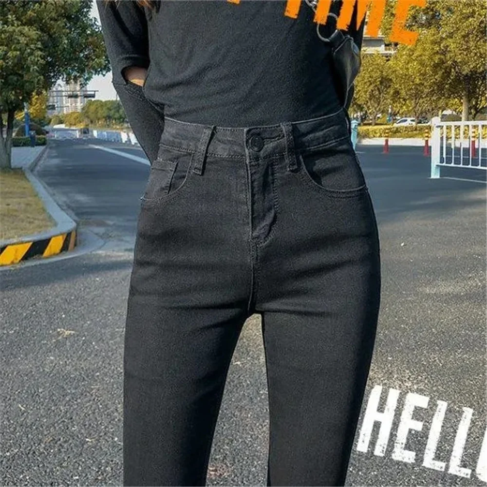 

Black Basic Women Classic Flared Jeans Simple Wild Streetwear Harajuku Denim Pant Slimming Korean Skinny Stretch Cropped Trouser