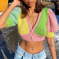 womens t shirt spring and autumn clothing 2021 new handmade knitted sweater coat v neck short cropped slim fitting clothing