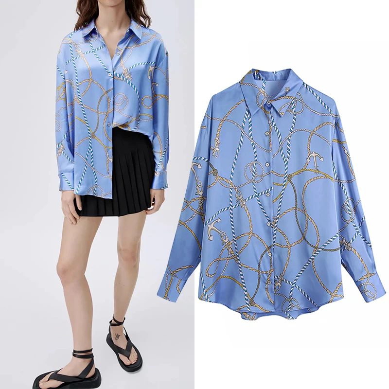 

WESAY JESI Новая Женская атласная Повседневная рубашка с винтажным принтом цепей Женская однобортная свободная Ретро блузка шикарная Рубашка Б...