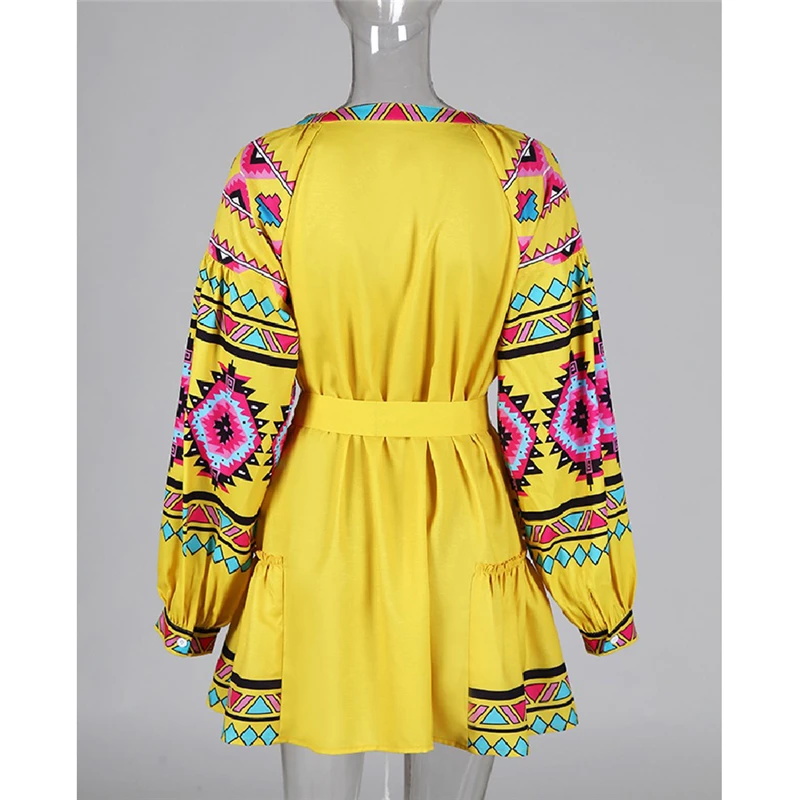 Women Boho Floral Long Sleeve Short Dress Ladies V Neck Holiday Beach Party Vintage Mini Casual Clothes | Женская одежда