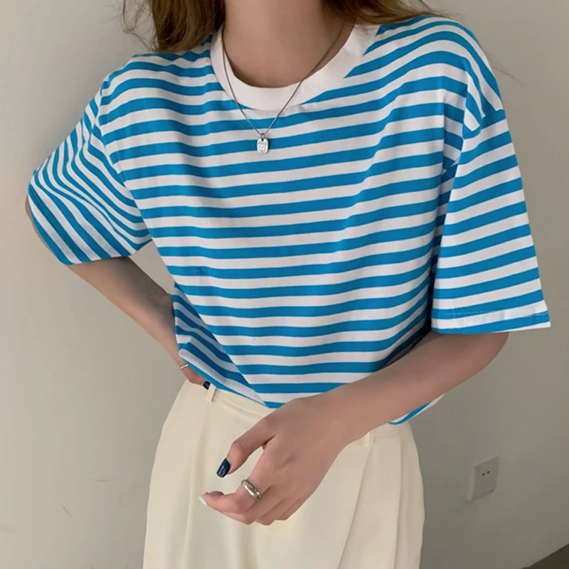 

Alien Kitty 2021 New Summer O-Neck T-Shirt Sweet All-Match Casual Stylish Short Fashion Elegant Basic Solid Pullover Striped