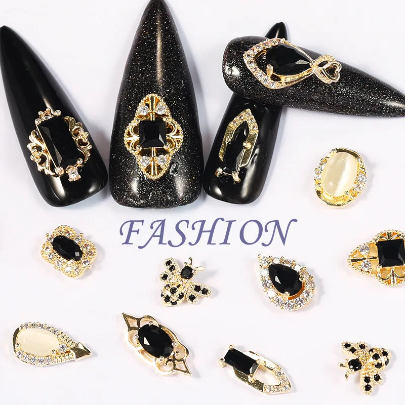 

3d charms Nail ornament zircon ornament luxury retention real gold zircon nail paste Black Diamond nail decoration
