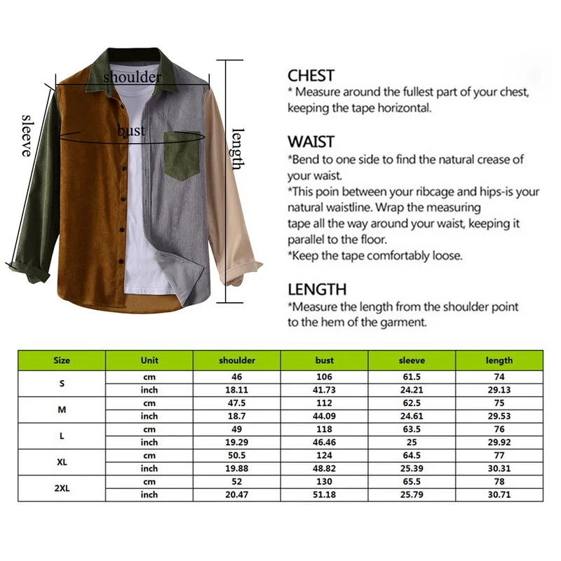 

Cotton Corduroy Shirt Men Contrast Color Patchwork Jacket Men's Long Sleeve Slim Fit Business Shirt Bottoming Blouses