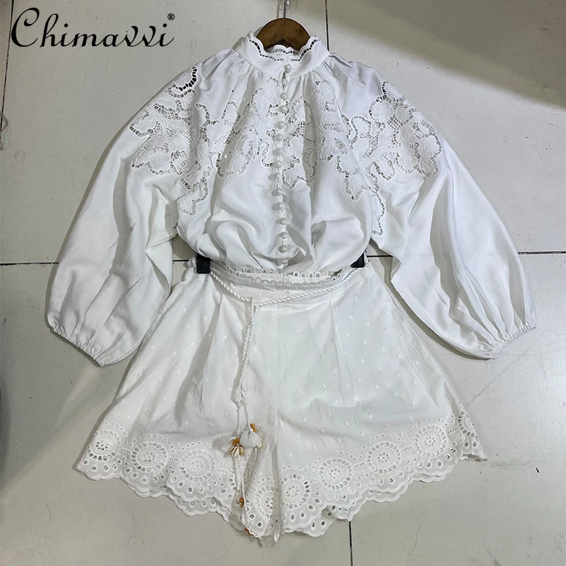 

2021 Summer New Korean Fashion Loose Casual Women's Clothing 2-Piece Linen Single-Breasted Top Shirt Hollow Lace Shorts Pants