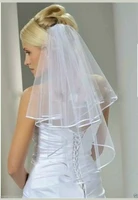 french style white bridal wedding veil 2 tier with comb white satin ribbon edge elbow length