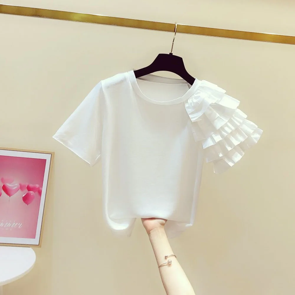 Japnese женская футболка односторонние через плечо в виде листка лотоса с коротким